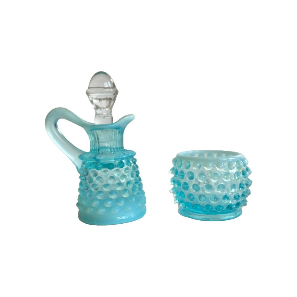 Fenton Hobnail Blue Opalescent Fan Oil Cruet and Mustard Jar Set